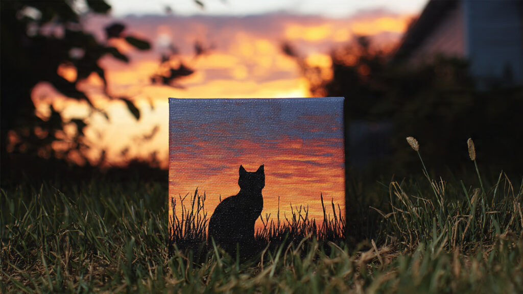 cat silhouette against sunset mini canvas