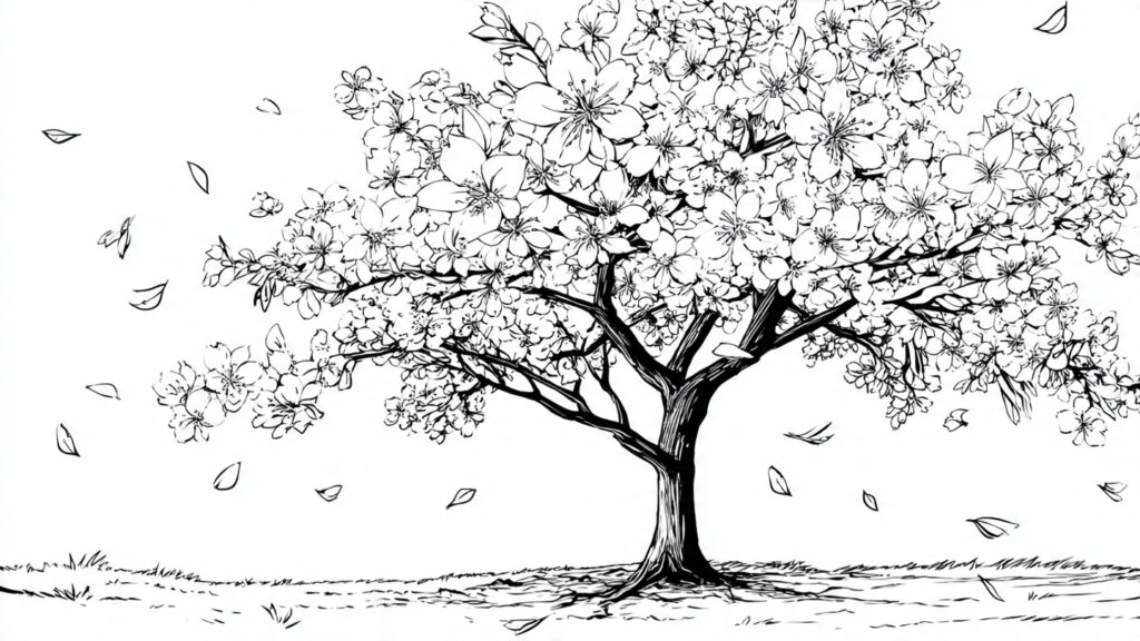 Beautiful Spring Coloring Pages 25 for Kids & Adults cherry blossom tree with falling petals black and