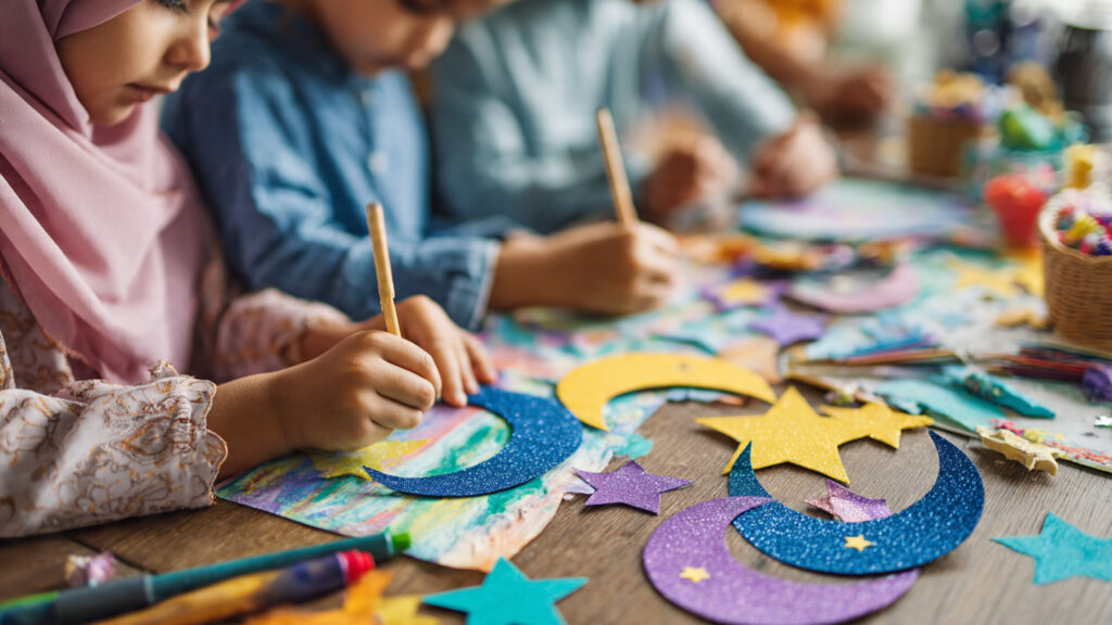 children crafting ramadan decorations at colorful 