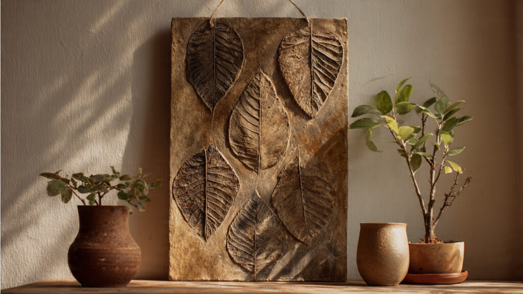 Creative Air Dry Clay DIY Ideas & Tips clay wall hanging with leaf imprints earthy tones