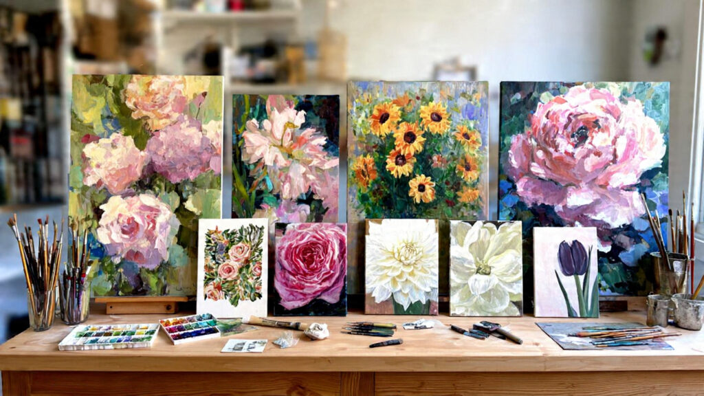 collage of various flower painting styles includin (1)