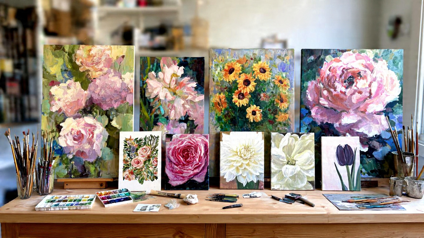 collage of various flower painting styles includin (1)
