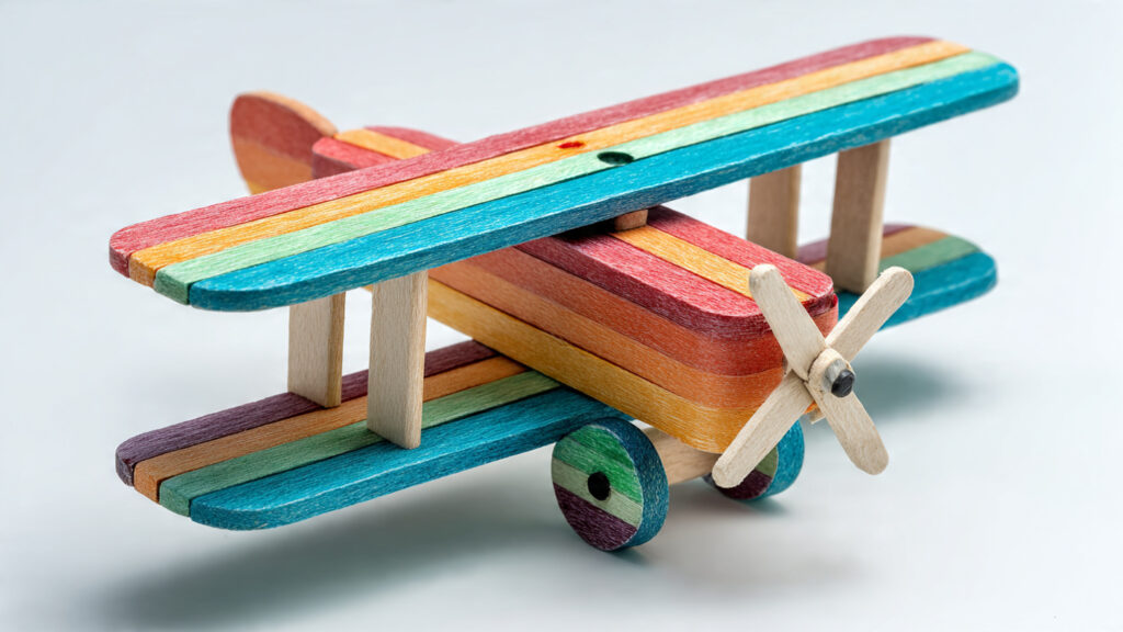 colorful handmade popsicle stick airplane toy on w