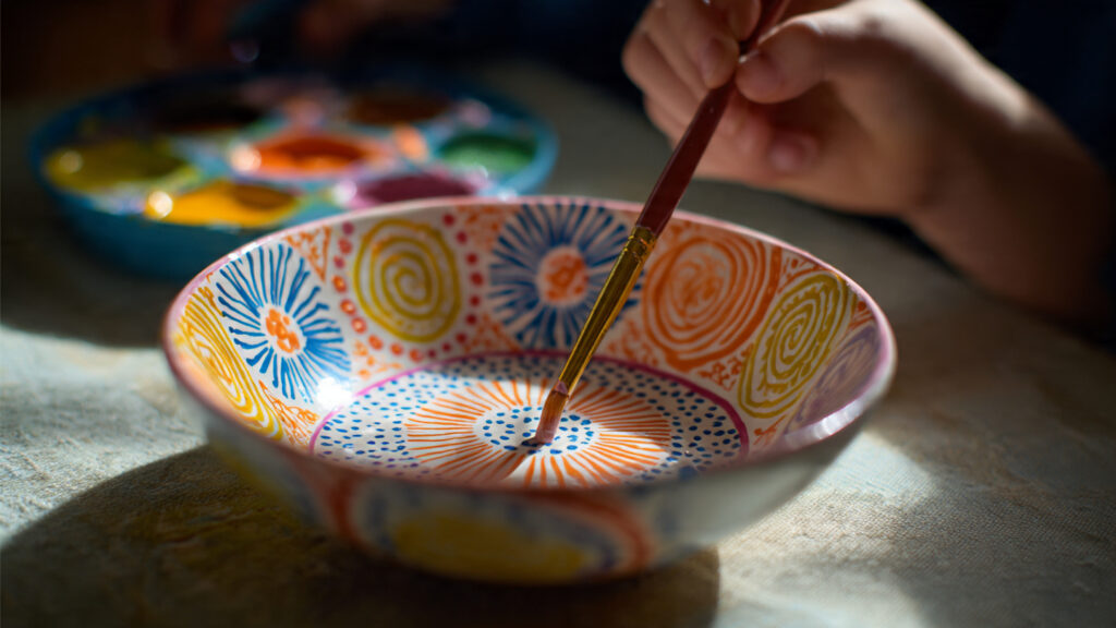 colorful kids painted pottery bowl with playful pa (2)