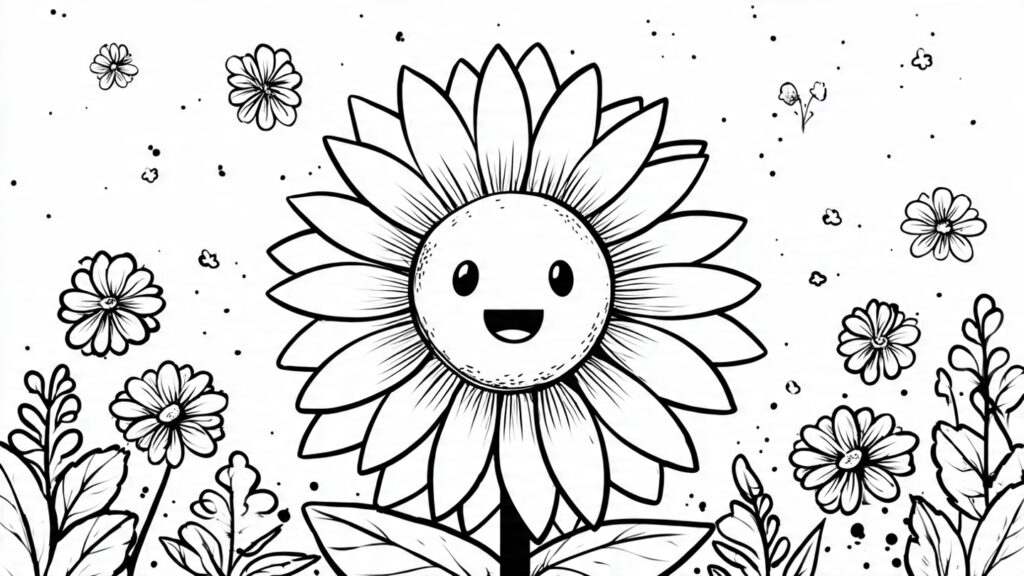Beautiful Spring Coloring Pages 25 for Kids & Adults cute smiling sunflower with simple background flow