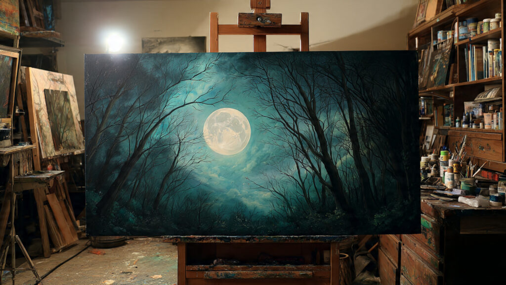 Creative Painting Ideas to Spark Your Artistic Imagination dark moonlit forest painting with glowing full moo