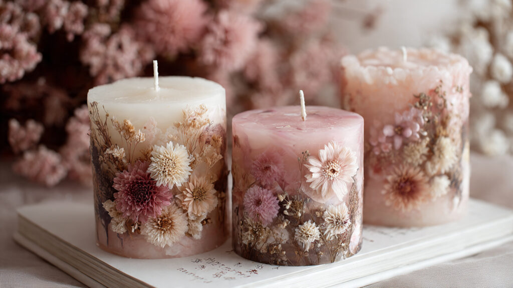 Creative Craft Ideas to Try at Home in 2026 decorated candles with dried flowers and soft past