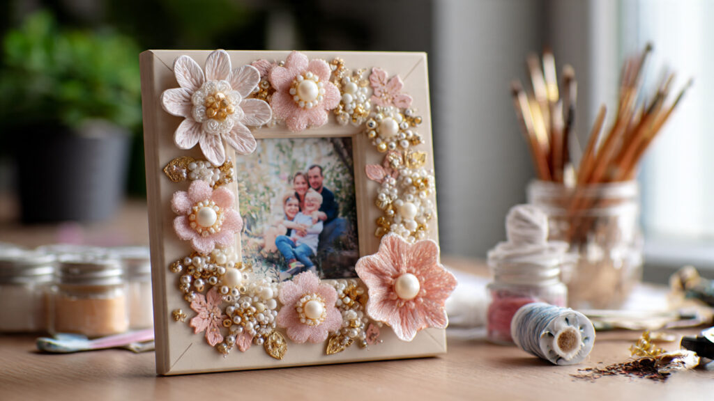 decorated pastel photo frame with flowers and pear