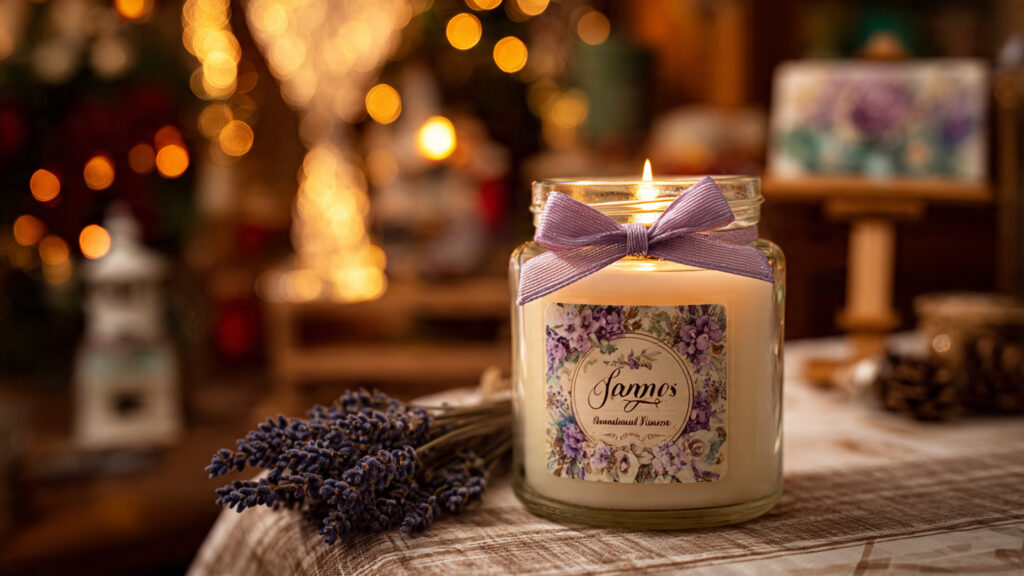 decorative handmade candle in glass jar with flora