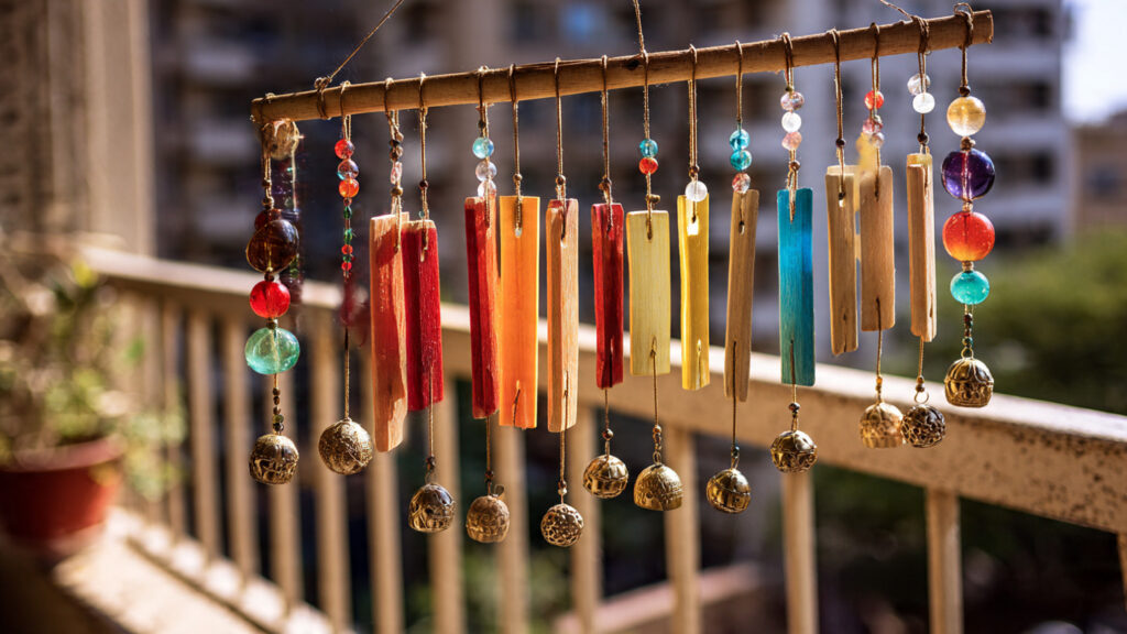 decorative popsicle stick wind chime hanging on ba