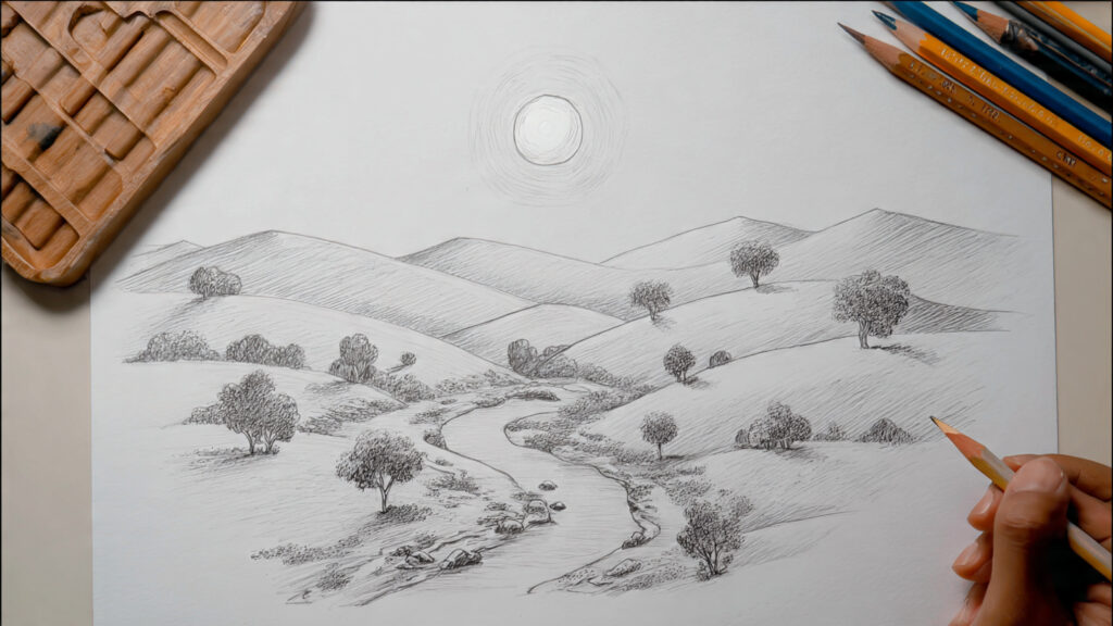 13 Simple Drawing Ideas Anyone Can Try Today easy landscape drawing featuring rolling hills a w