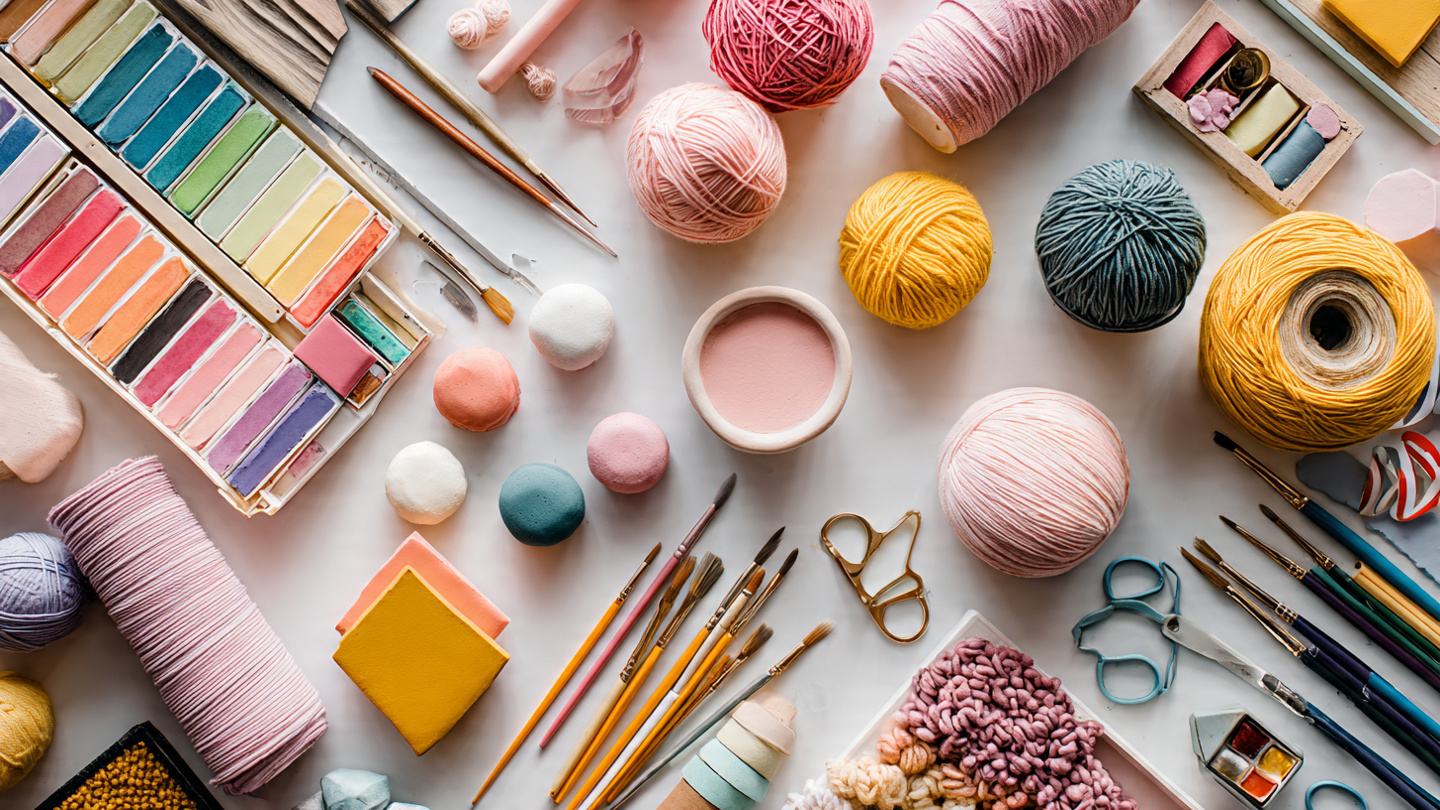 Creative Craft Ideas to Try at Home in 2026 flat lay of colorful art and craft supplies includ (1)