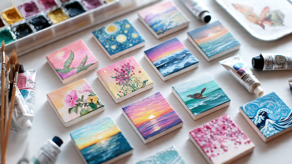 flat lay of multiple mini acrylic paintings on sma