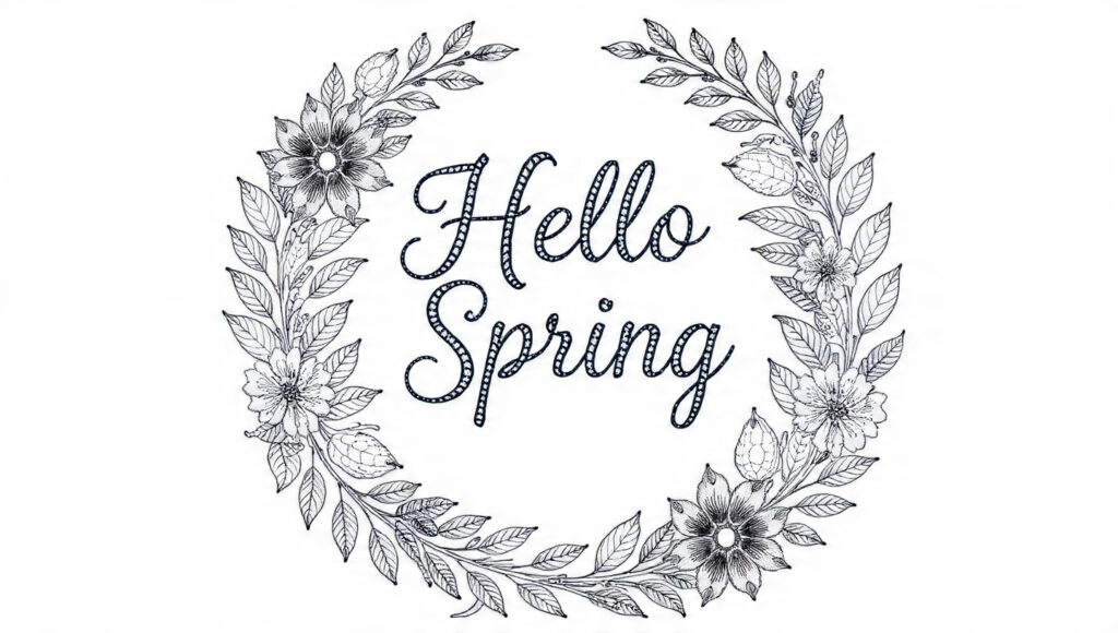 Beautiful Spring Coloring Pages 25 for Kids & Adults floral wreath with hello spring lettering in cente