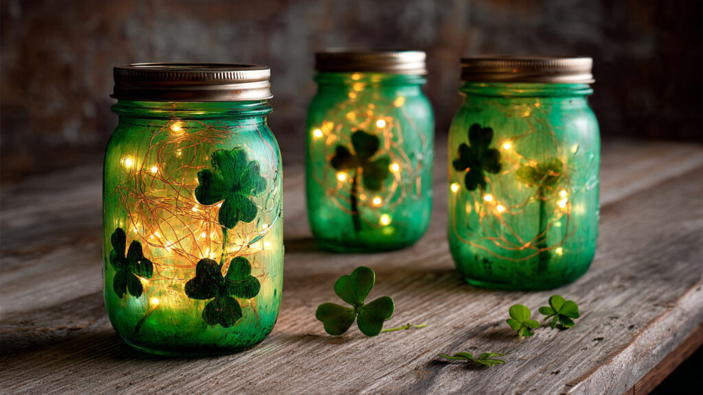 Creative St. Patrick’s Day Art & Craft Ideas For Celebration green painted mason jars with shamrock stencil fai