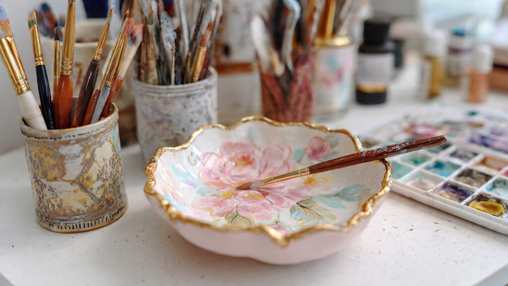hand painted clay jewelry dish with gold leaf edge