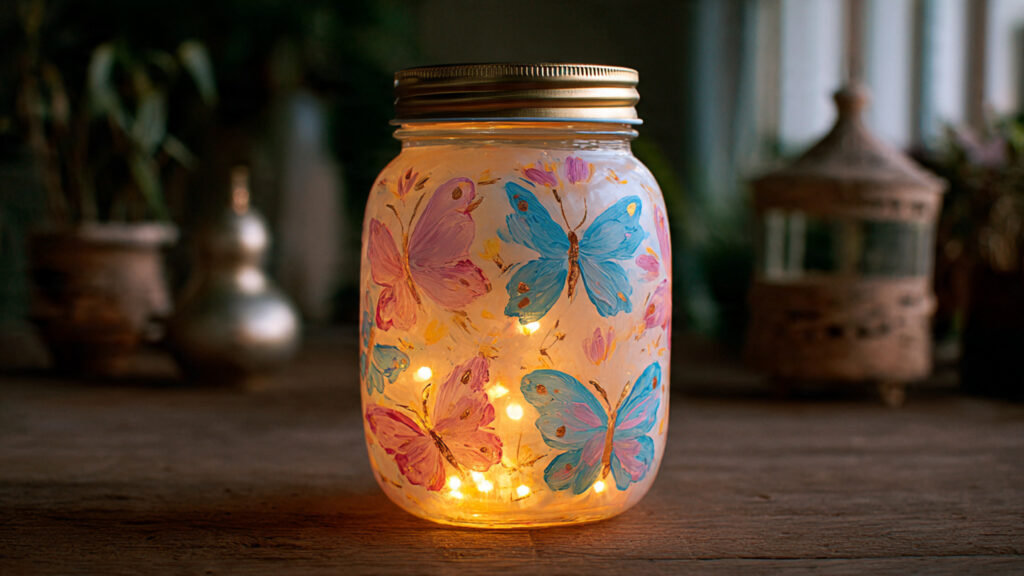 hand painted mason jar lantern with pastel butterf