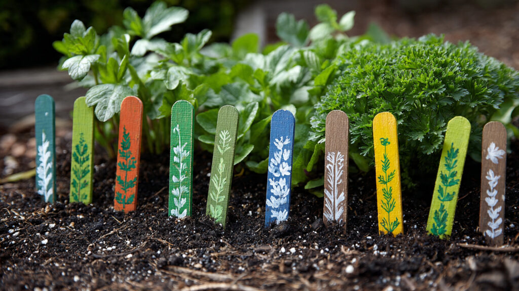 hand painted popsicle stick garden markers placed 