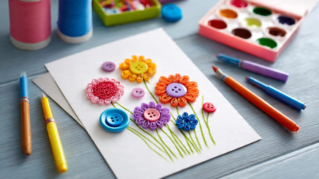 handmade button flower mothers day card with color