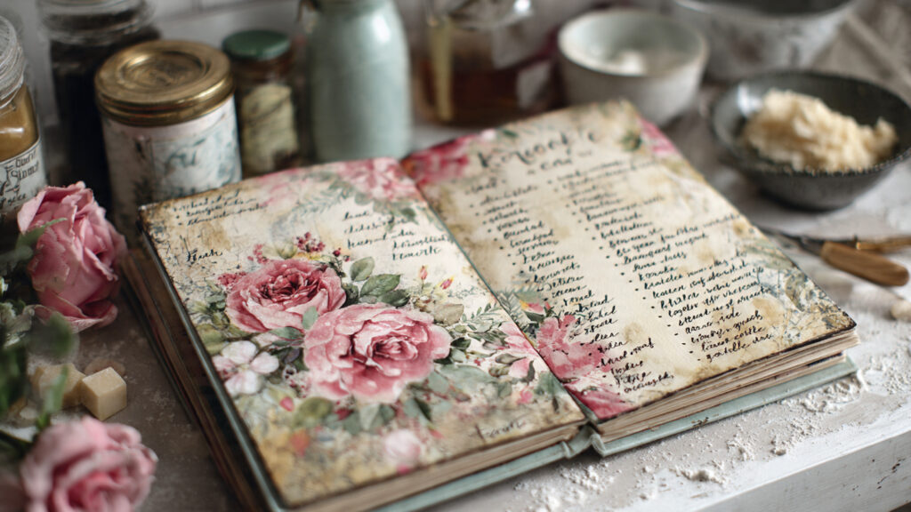 handmade floral recipe book with handwritten recip
