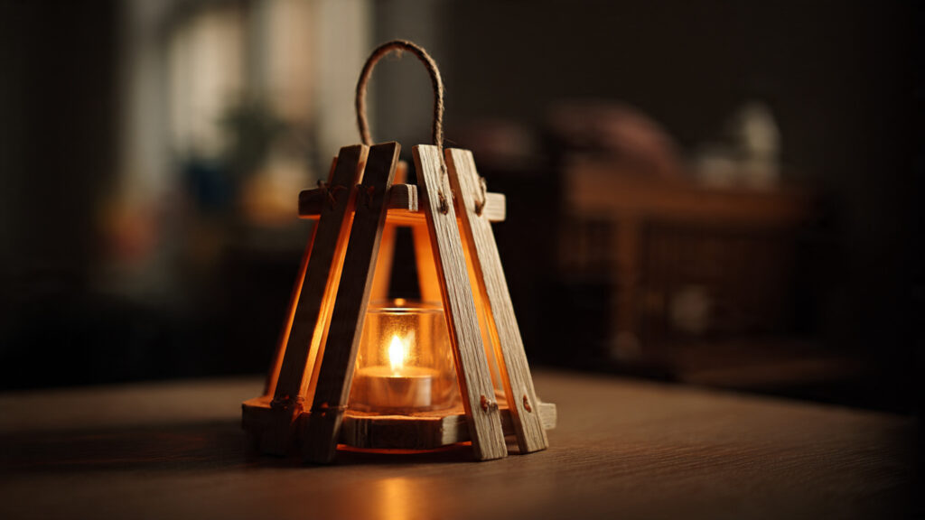 handmade popsicle stick lantern glowing with led c