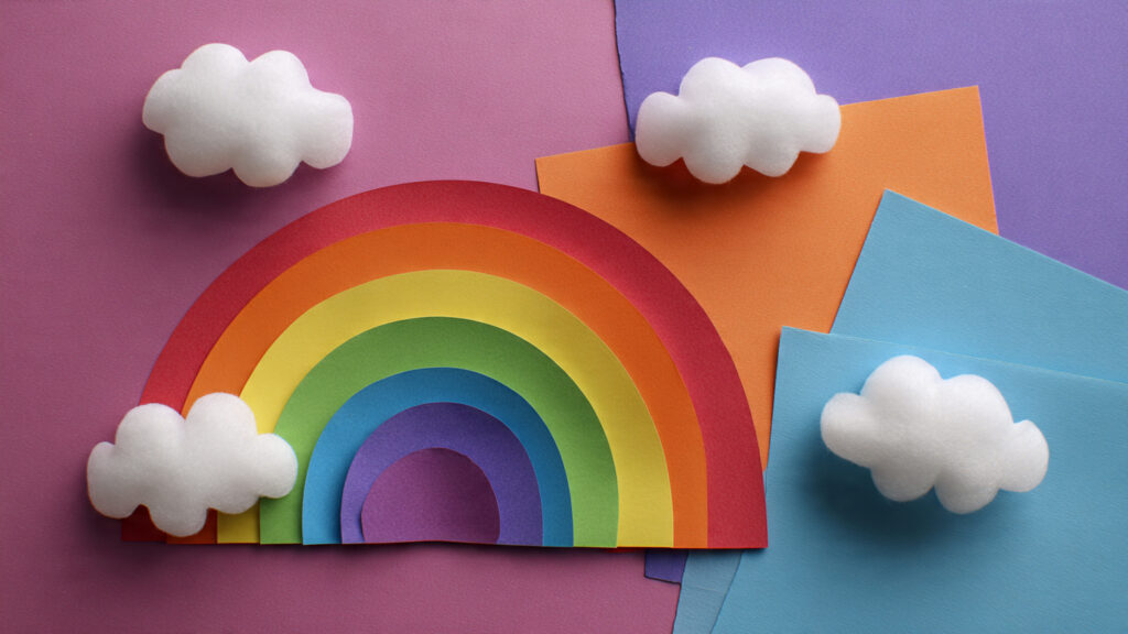 handmade rainbow paper craft with cotton ball clou