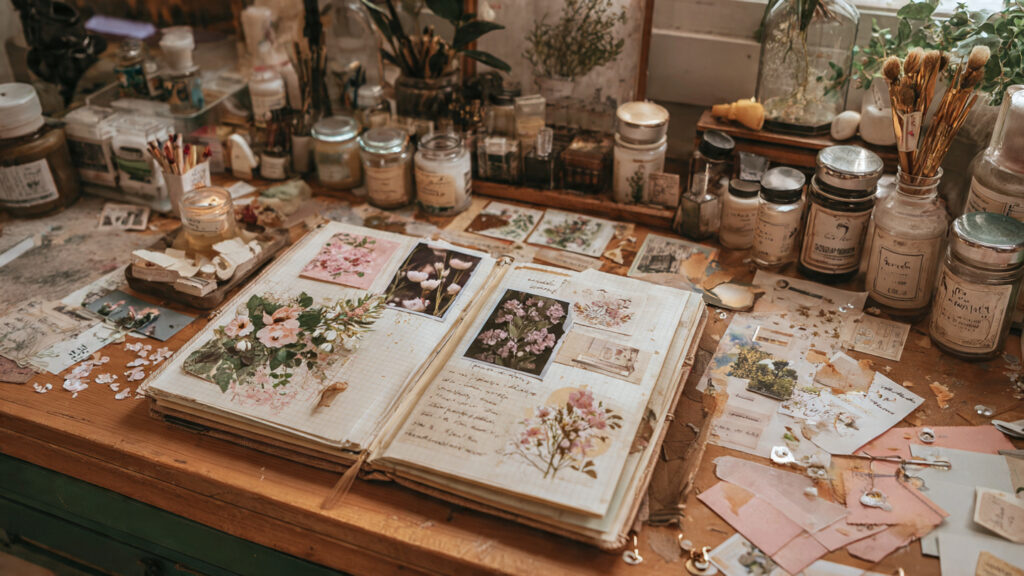handmade scrapbook open on wooden table with famil