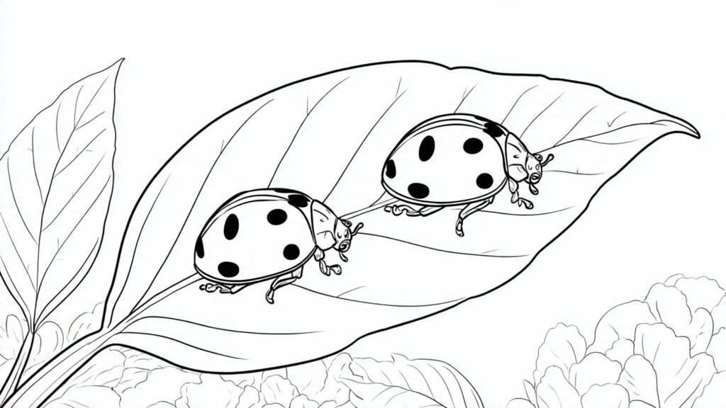 Beautiful Spring Coloring Pages 25 for Kids & Adults ladybugs crawling on large leaf black and white ou