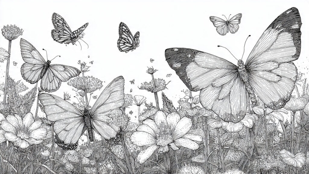 Beautiful Spring Coloring Pages 25 for Kids & Adults large patterned butterflies in garden black and wh