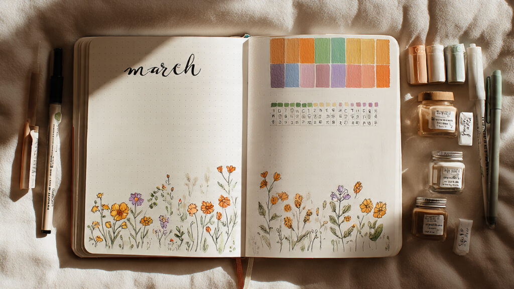 march bullet journal spread with pastel floral doo