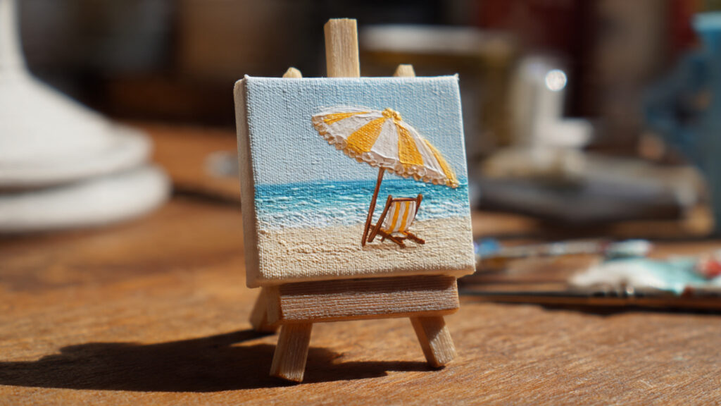 mini beach scene acrylic painting tiny umbrella on