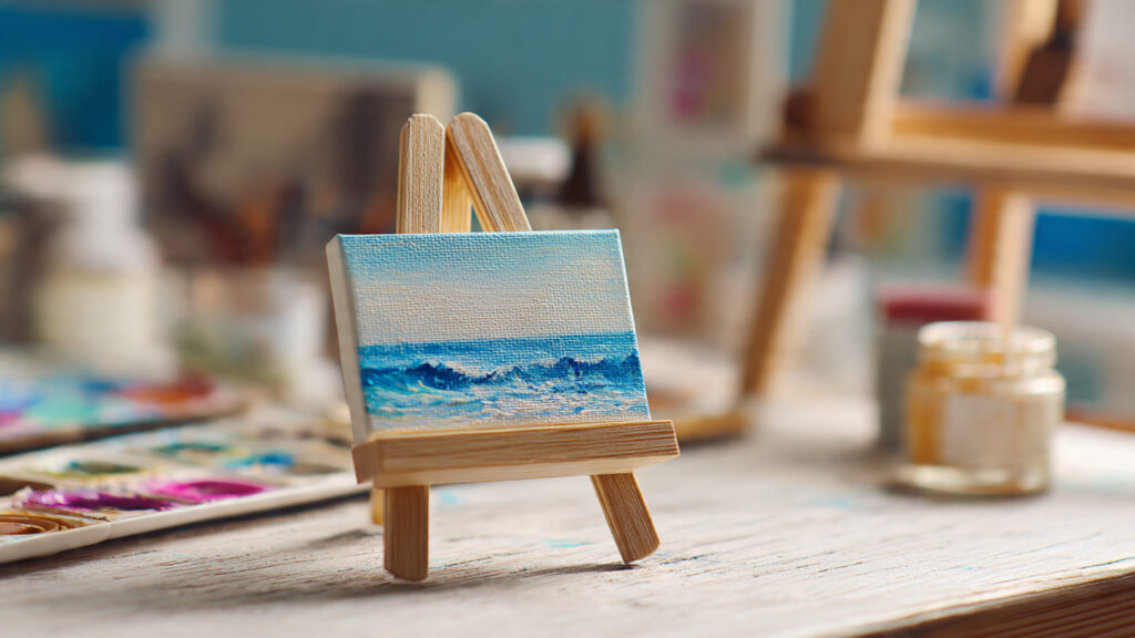mini popsicle stick easel holding small canvas pai