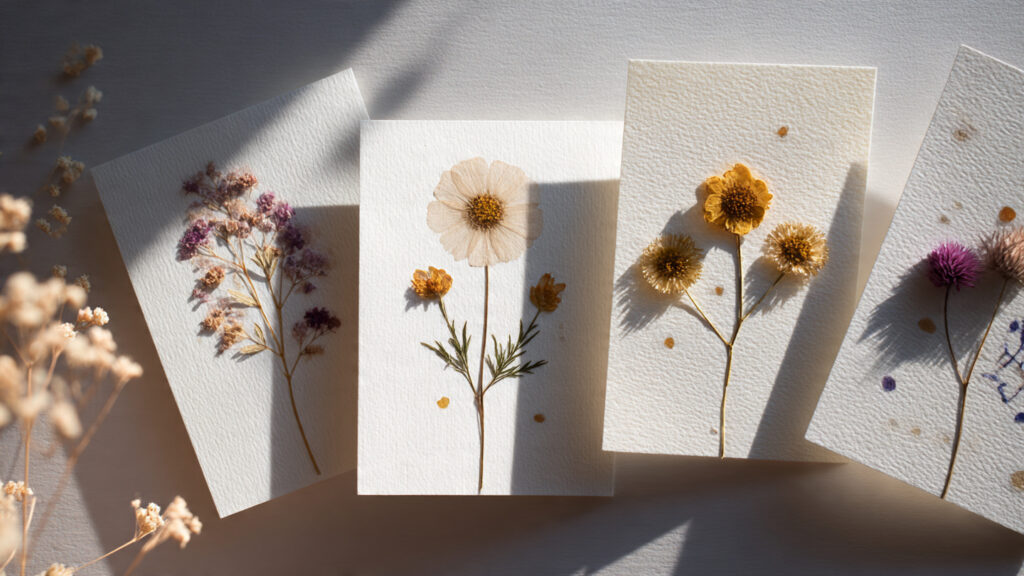 minimalist pressed flower art arranged on white ca