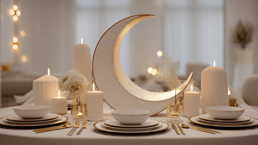 minimalist ramadan dinner table setup in white and