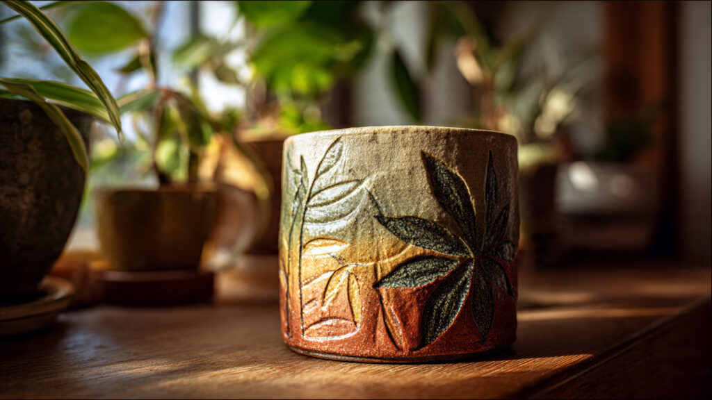 nature inspired ceramic planter with leaf designs 