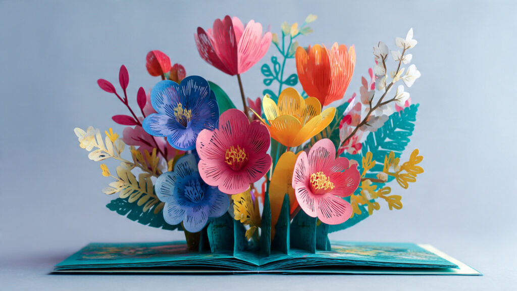 open handmade pop up mothers day card with colorfu