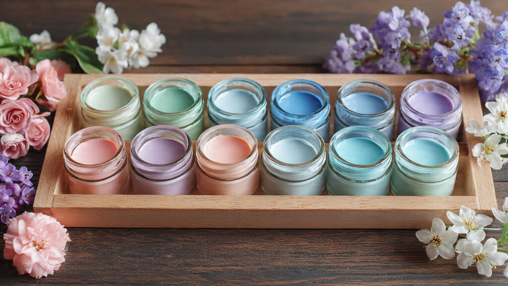 pastel color palette art setup with mint green blu