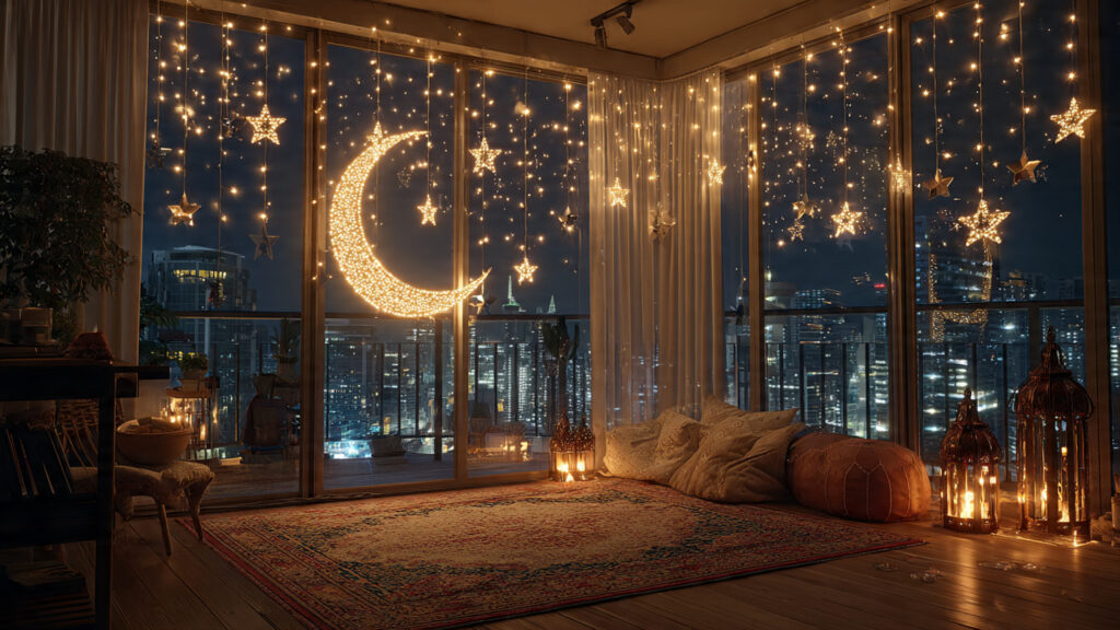 ramadan balcony decorated with hanging crescent le