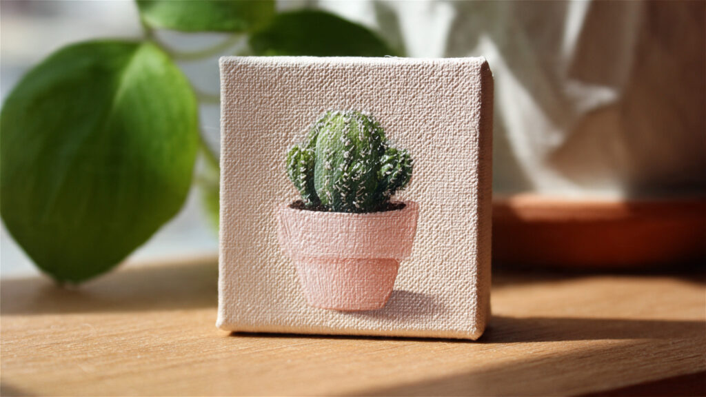 small cactus painting in pastel pot on mini canvas
