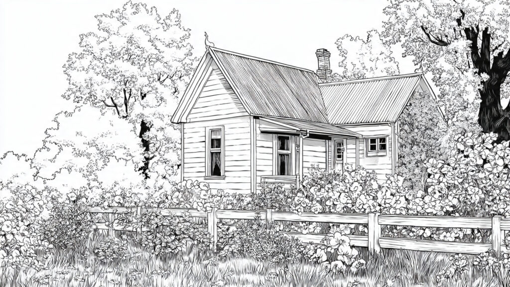 Beautiful Spring Coloring Pages 25 for Kids & Adults small cottage with blooming garden and fence black