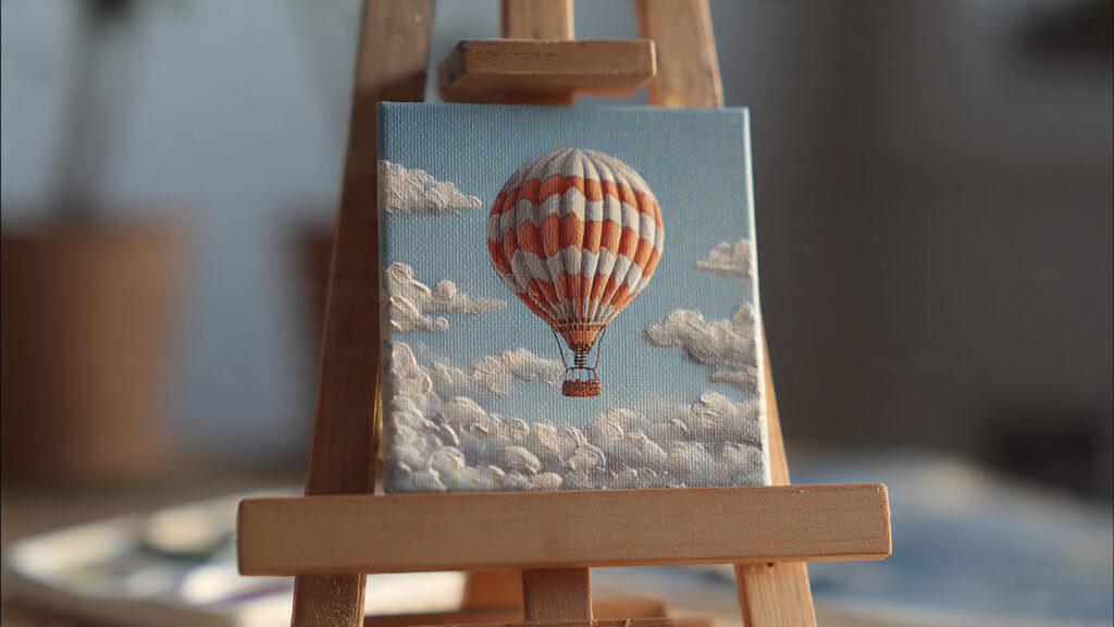 small hot air balloon painting with soft cloudson 