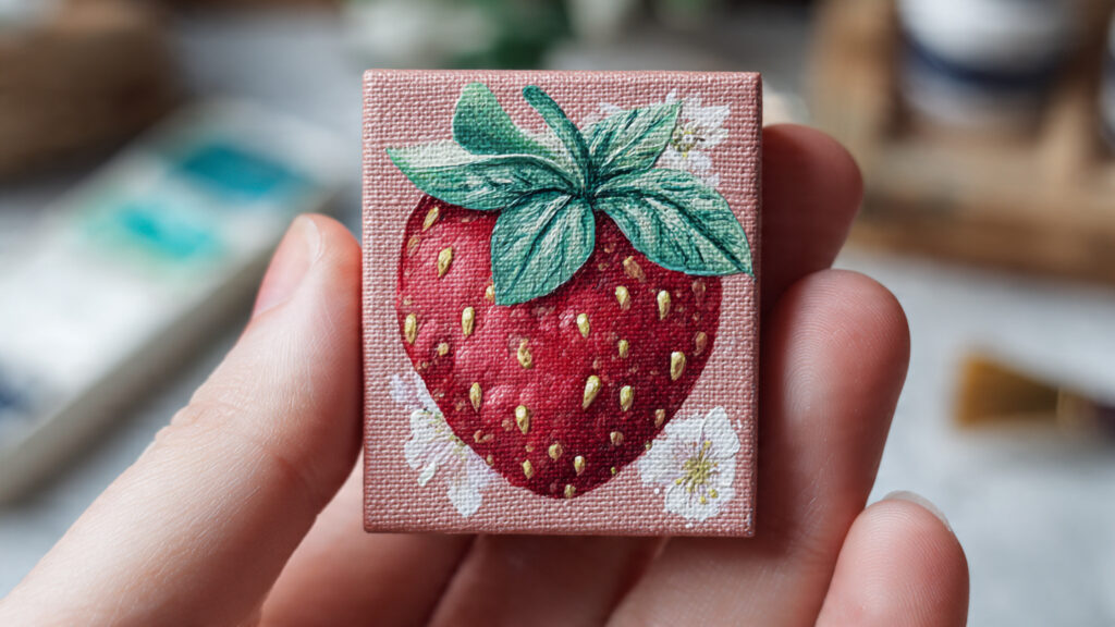 small strawberry acrylic painting on mini canvas