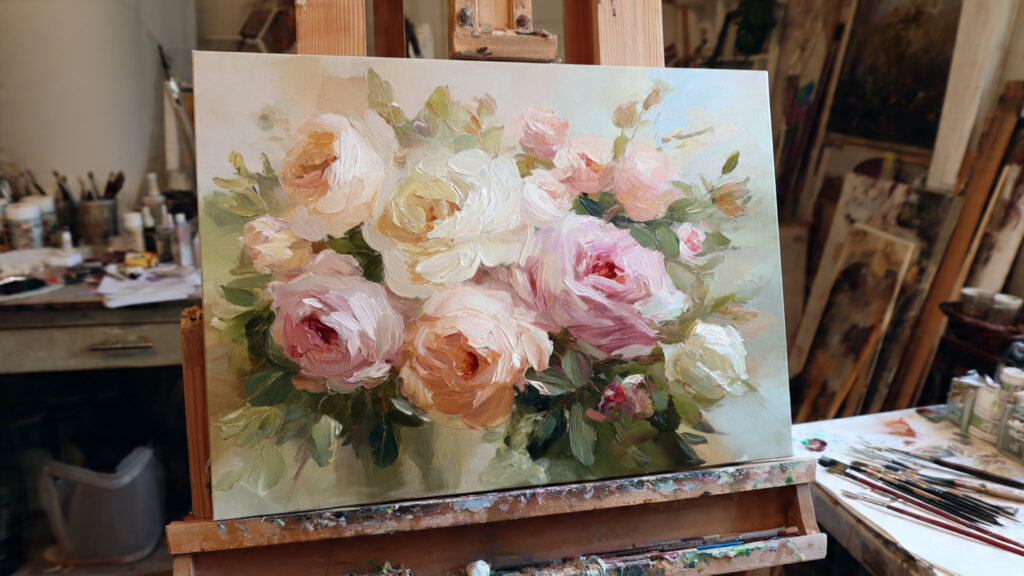 Creative Painting Ideas to Spark Your Artistic Imagination soft floral bouquet painting with pastel roses lay