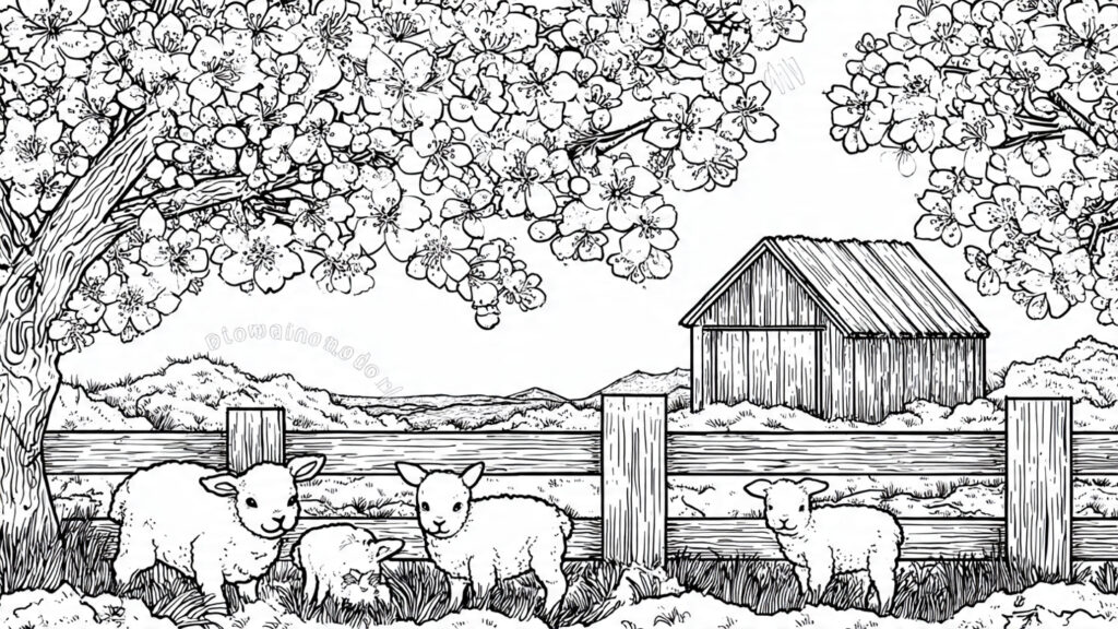 Beautiful Spring Coloring Pages 25 for Kids & Adults spring farm scene with baby lambs barn fence bloom