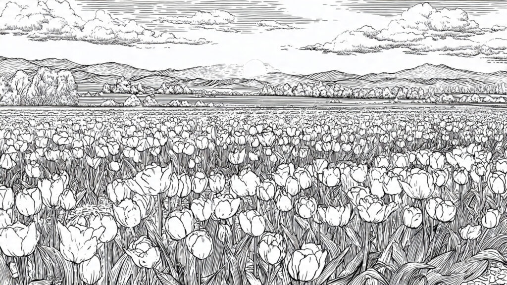 Beautiful Spring Coloring Pages 25 for Kids & Adults spring tulip field landscape black and white line