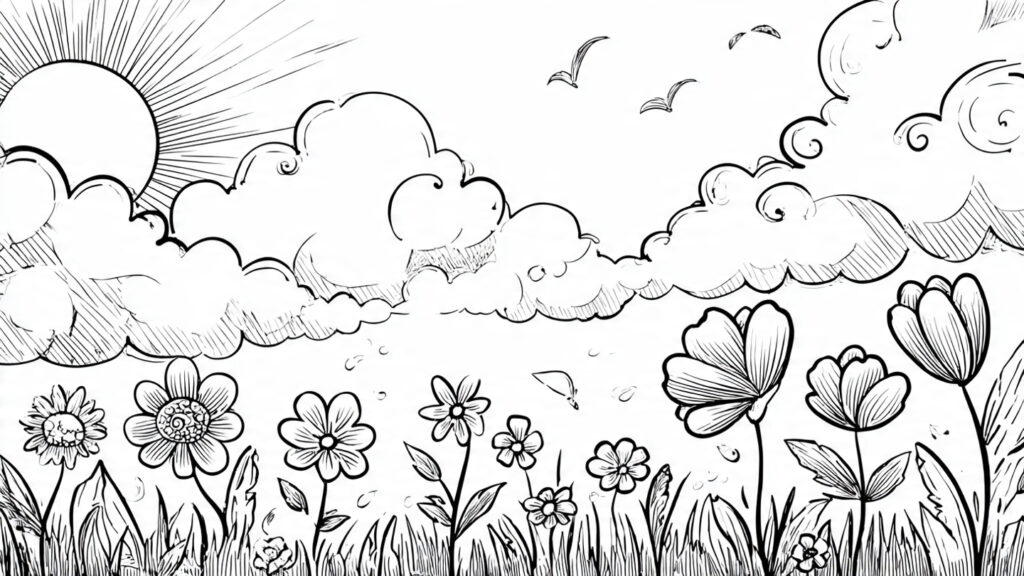 Beautiful Spring Coloring Pages 25 for Kids & Adults spring weather scene with sun clouds gentle wind s