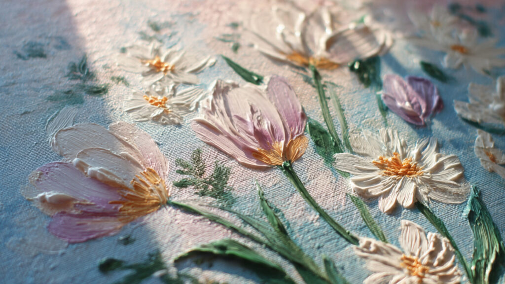 textured spring floral canvas painting with tulips