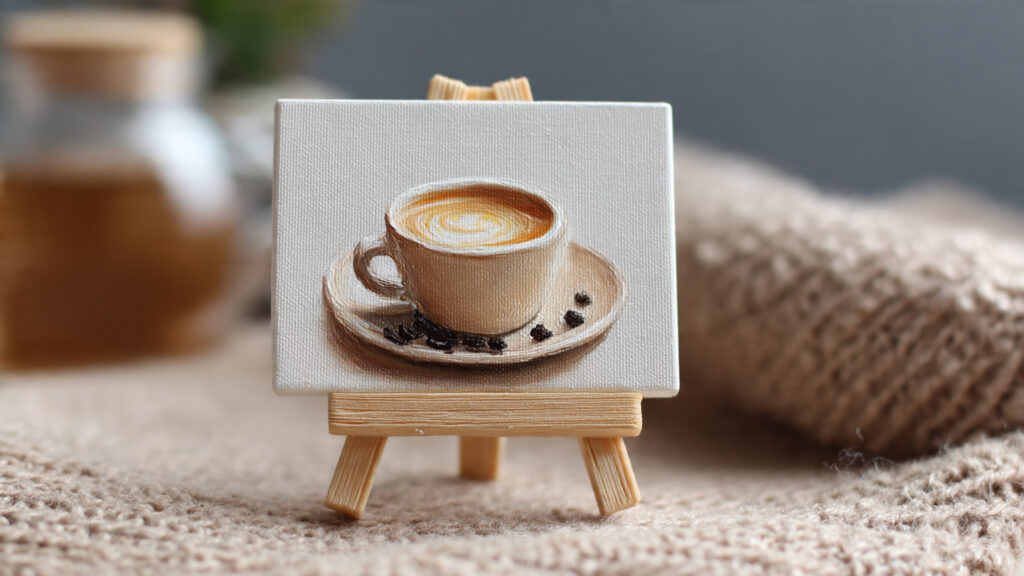 tiny coffee cup art on a small canvas an easel coz