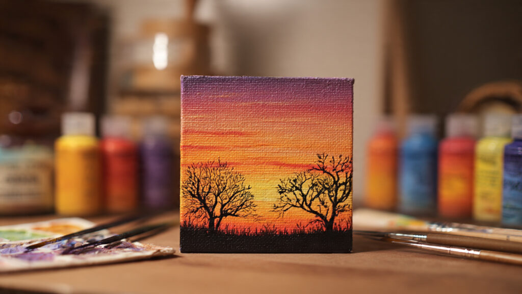 tiny sunset mini acrylic painting on 3x3 inch canv