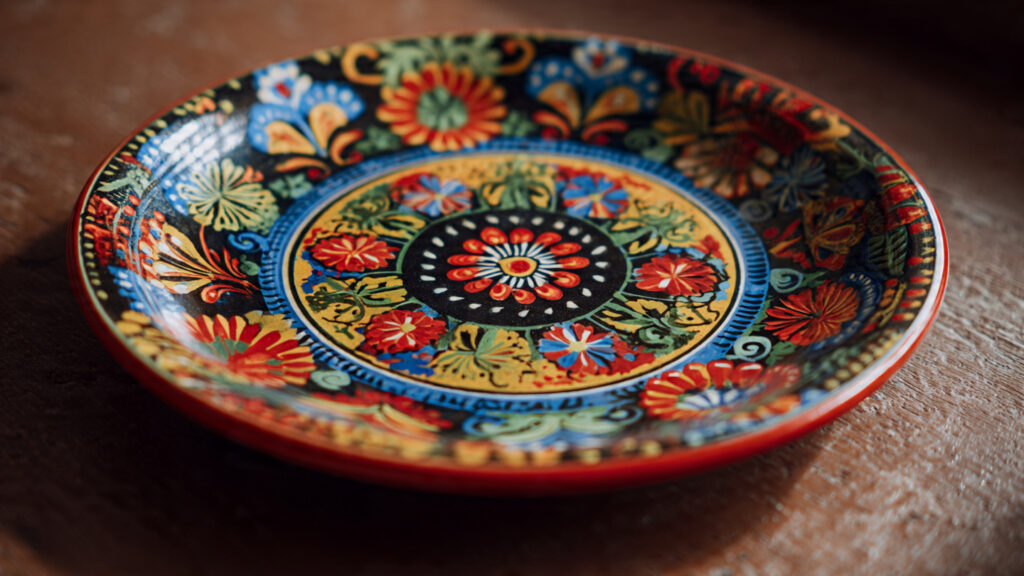 vintage folk art ceramic plate with traditional pa